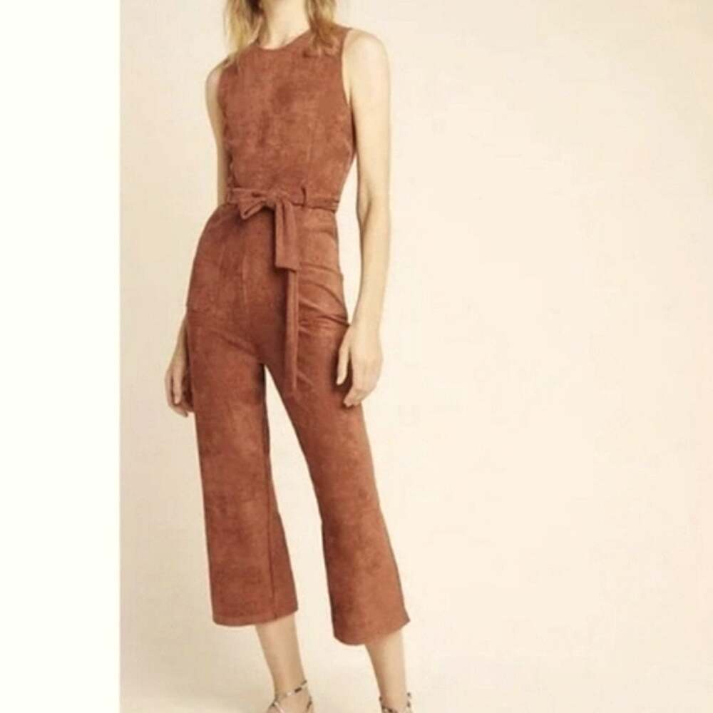 Anthropologie Faux Suede Tie Waist Cropped Jumpsuit Sleeveless Brown L Boho NWT